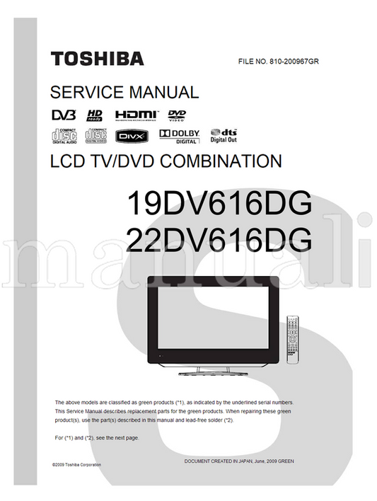 Toshiba 19DV616DG 22DV616DG 810-200967GR (172 pages) TV Service Manual
