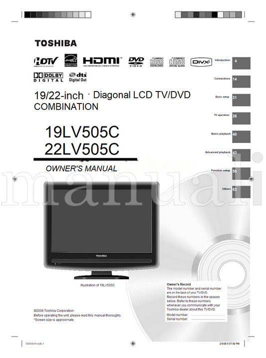 Toshiba 19LV505C 22LV505C 55750 (68 pages) TV/DVD Combo Operating Manual