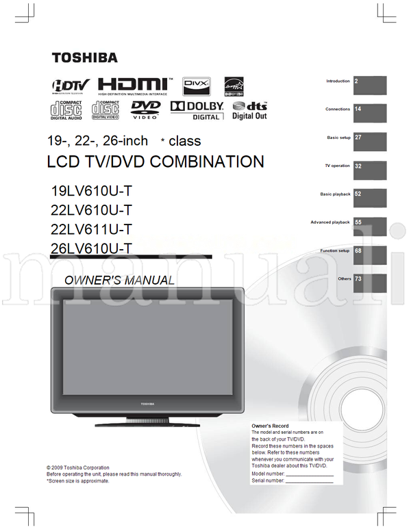 Toshiba 19LV610U-T 22LV610U-T 22LV611U-T 26LV610U-T (80 pages) TV/DVD Combo Operating Manual