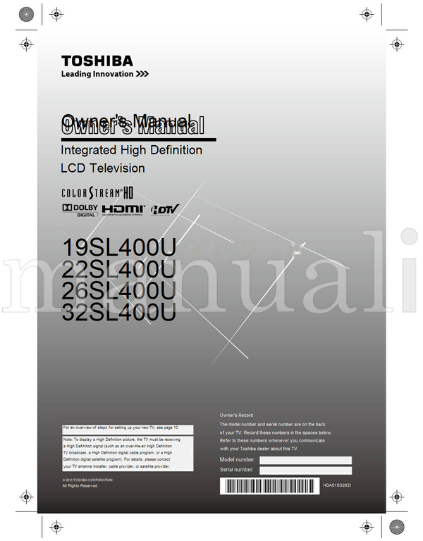 Toshiba 19SL400U 22SL400U 26SL400U 32SL400U HDA51S3202I (62 pages) TV Operating Manual
