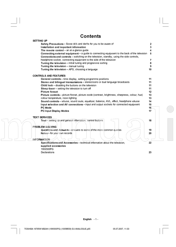Toshiba 19W300PG (26 pages) TV Operating Manual