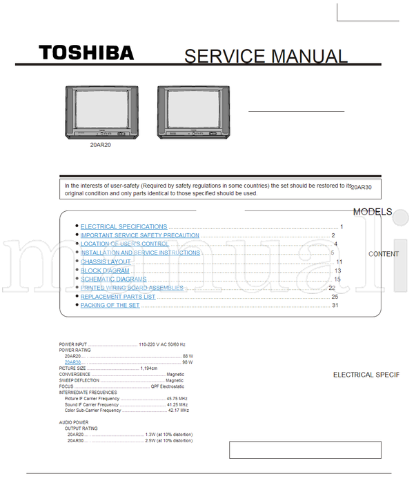 Toshiba 20AR20 SN-70A 32 pages TV Service Manual