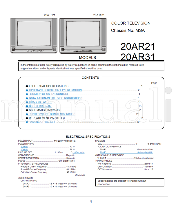 Toshiba 050-200118 20AR21 20AR31 (36 pages) TV Service Manual