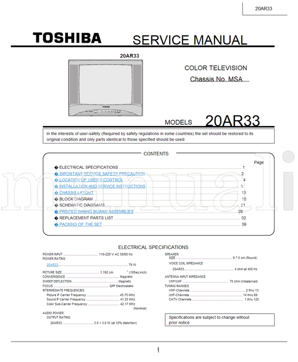 Toshiba 050-200337 20AR33 (36 pages) TV Service Manual