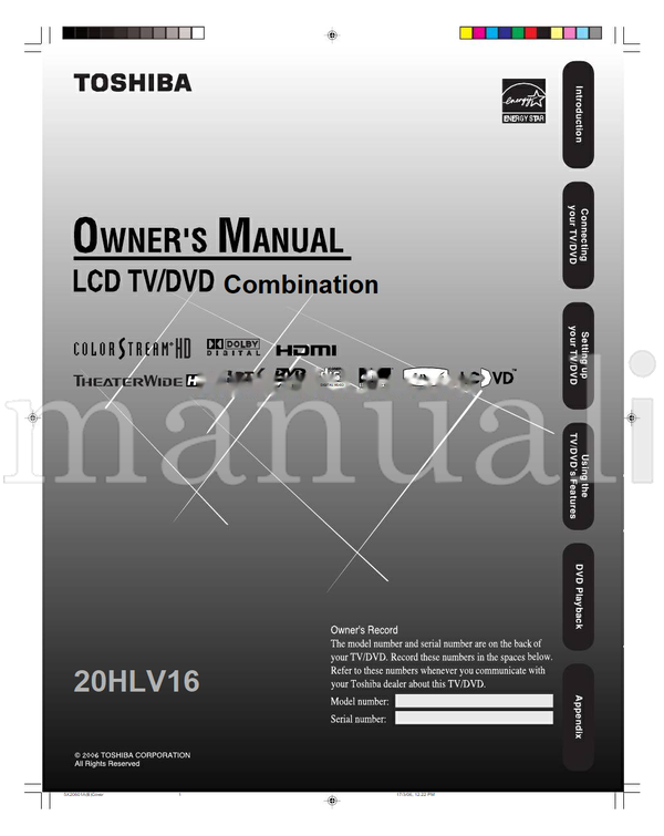 Toshiba 20HLV16 (72 pages) TV Operating Manual
