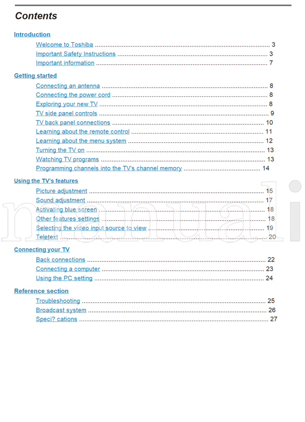 Toshiba 20V300A 20V300E 20V300H 20V300T VX1A00039300 (28 pages) TV Operating Manual