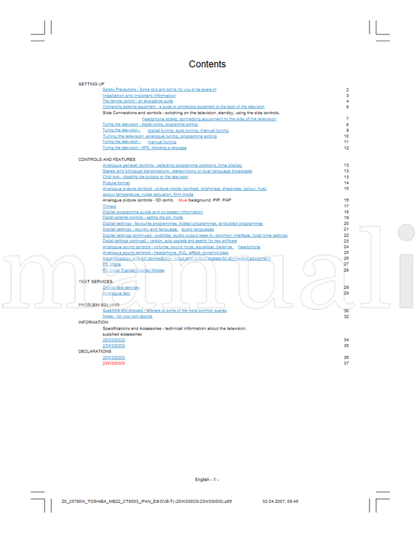 Toshiba 20W330DB (37 pages) TV Operating Manual
