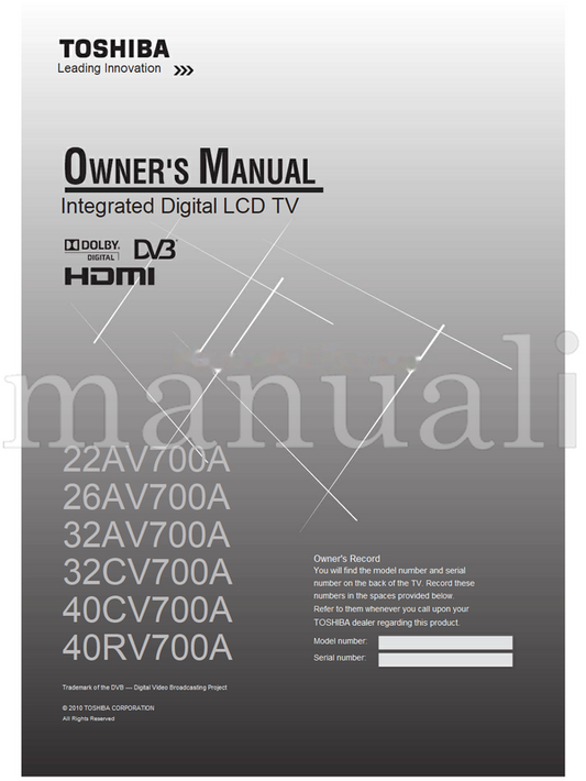Toshiba 22AV700A 26AV700A 32AV700A 32CV700A 40CV700A 40RV700A (48 pages) TV Operating Manual