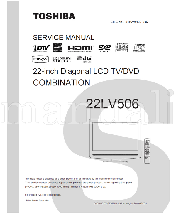 Toshiba 810-200875GR 22LV506 (68 pages) TV/DVD Combo Service Manual