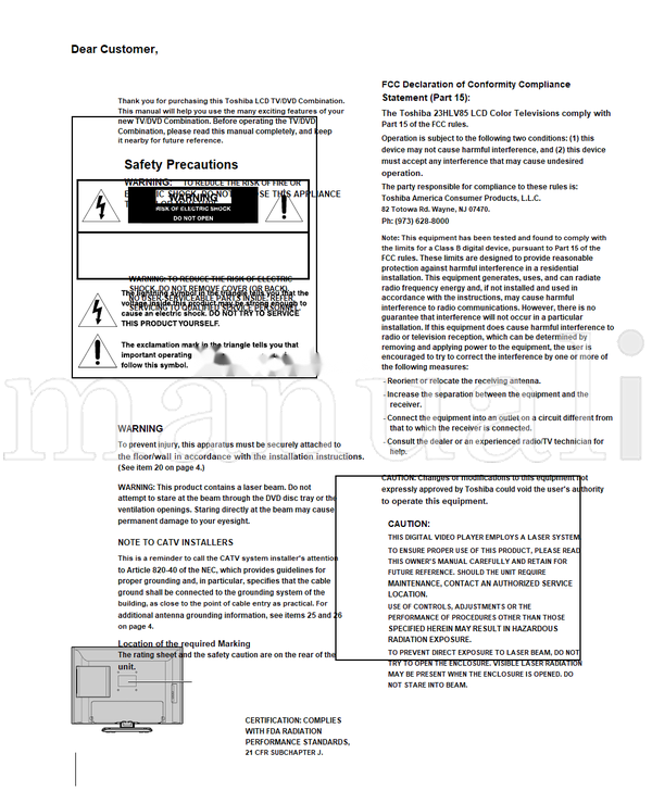 Toshiba 23HLV85 (52 pages) TV Operating Manual