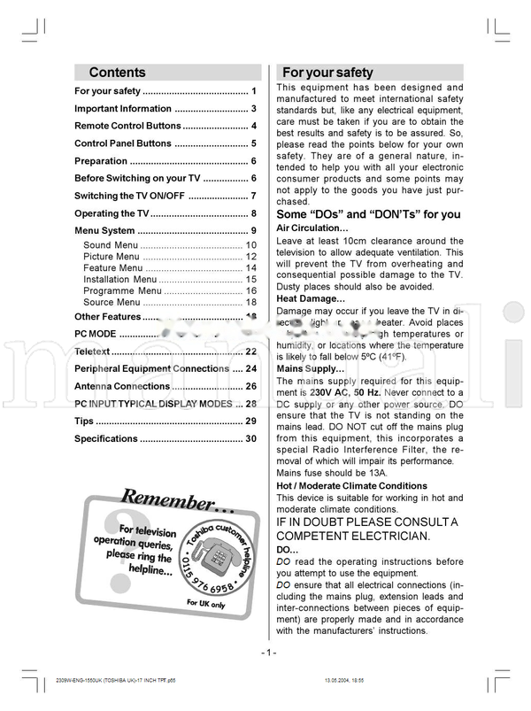 Toshiba 23WL46B (32 pages) TV Operating Manual