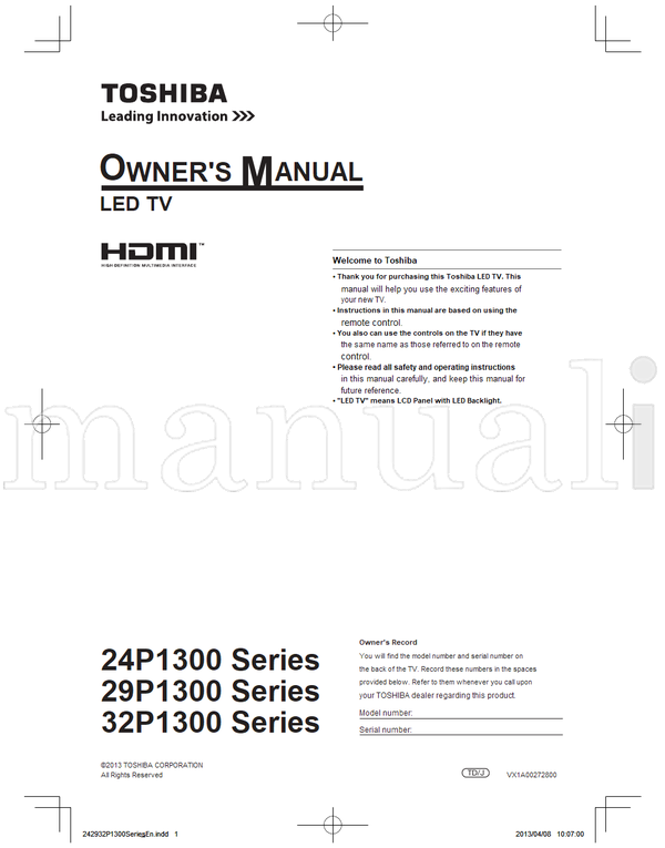 Toshiba 32P1300 29P1300 (26 pages) TV Operating Manual