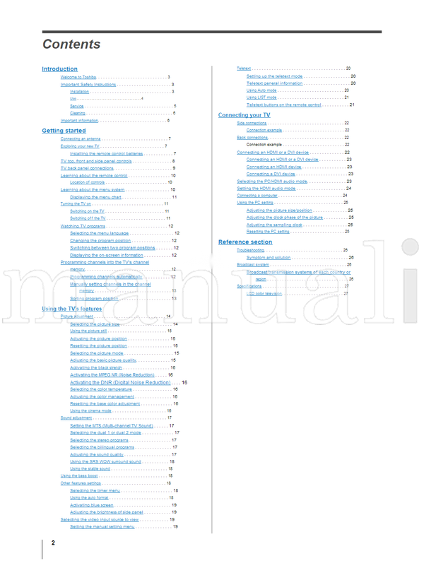 Toshiba 26A3000A 26A3000E 26A3000T 32A3000A 32A3000E 32A3000T (28 pages) TV Operating Manual