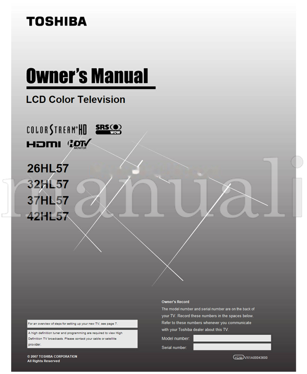 Toshiba 26HL57 32HL57 37HL57 42HL57 VX1A00043600 (52 pages) TV Operating Manual