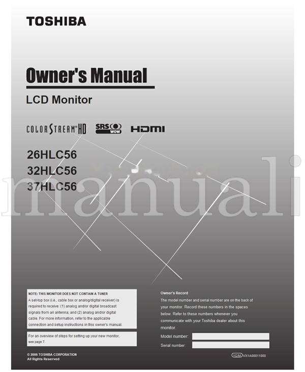 Toshiba 26HLC56 32HLC56 37HLC56 VX1A00011000 (46 pages) TV Operating Manual
