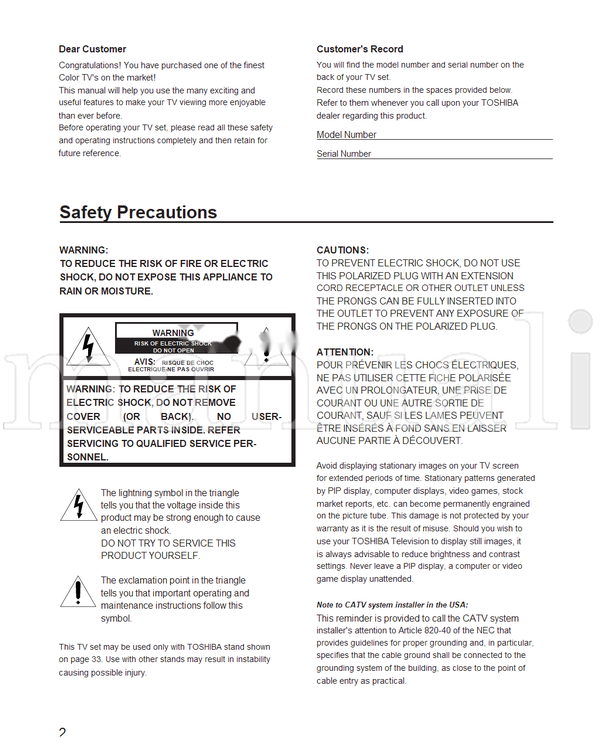 Toshiba 27A10 32A10 36A10 (36 pages) TV Operating Manual