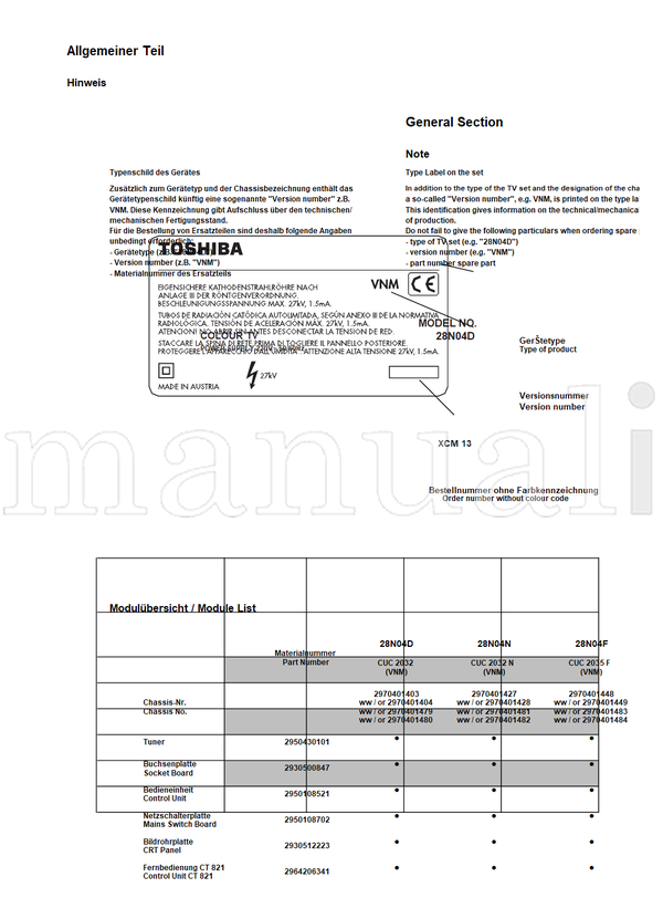 Toshiba 050-200002 28N04D 28N04F (70 pages) TV Service Manual