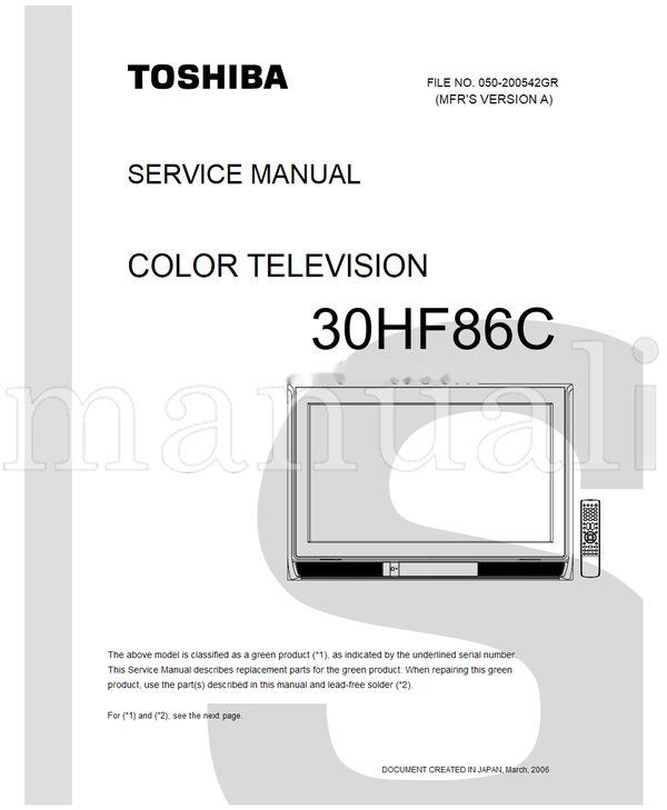 Toshiba 050-200542GR 30HF86C (68 pages) TV Service Manual