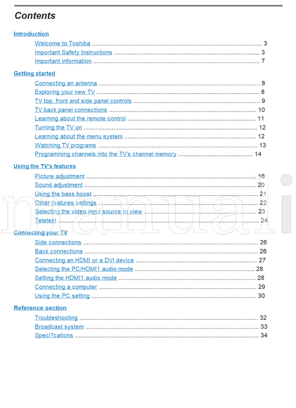 Toshiba 32A3500A 32A3500E 32A3500T 37A3500A 37A3500E 37A3500T (36 pages) TV Operating Manual
