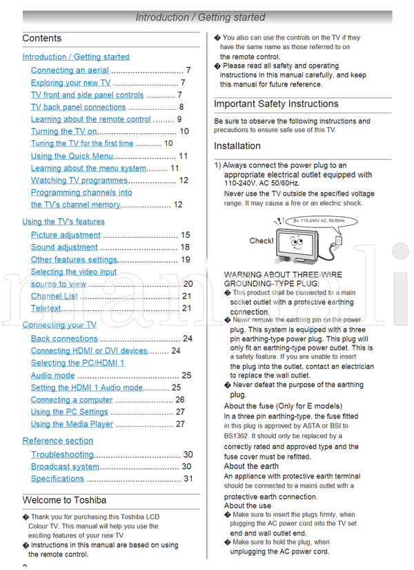 Toshiba 32AV700E 32AV700T 32AV700V 40AV700E 40AV700T 40AV700V (32 pages) TV Operating Manual