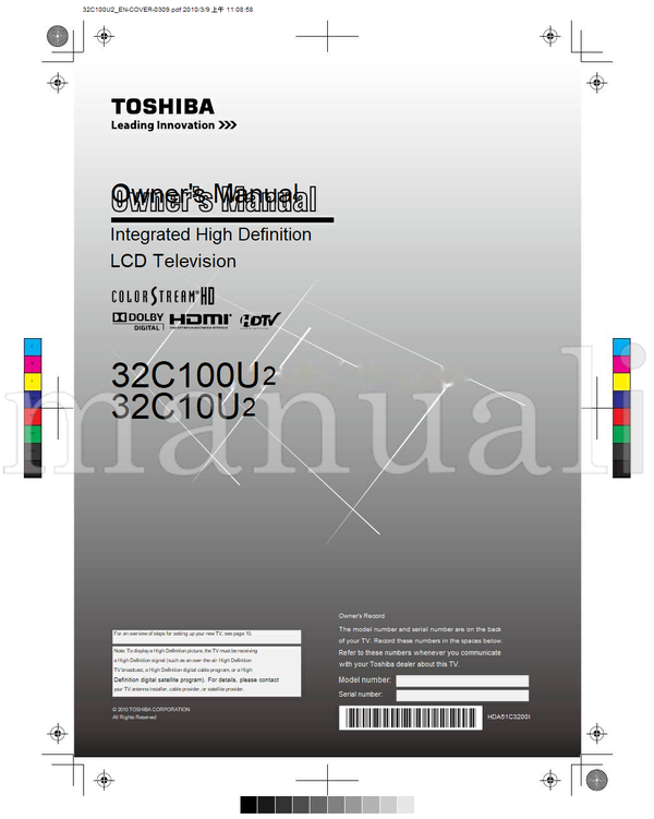 Toshiba 110858 32C100U 32C10U HDA51C3200I (62 pages) TV Operating Manual