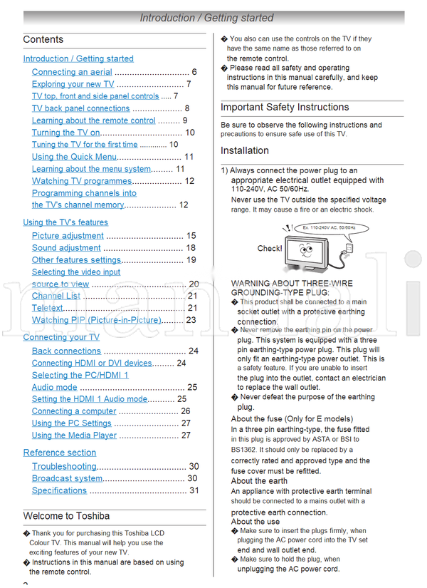 Toshiba 32CV700E 32CV700T 32CV700V 40CV700E 40CV700T 40CV700V (32 pages) TV Operating Manual