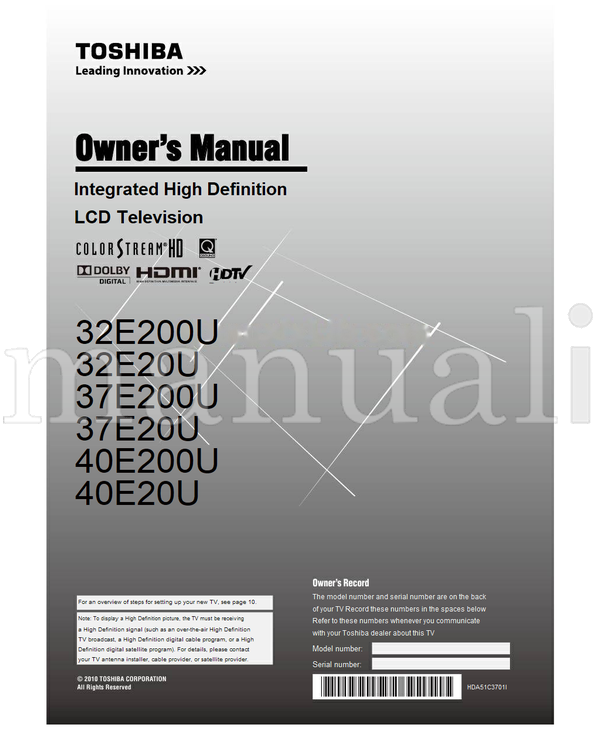 Toshiba 32E200U 32E20U 37E200U 37E20U 40E200U 40E20U HDA51C3701I (68 pages) TV Operating Manual