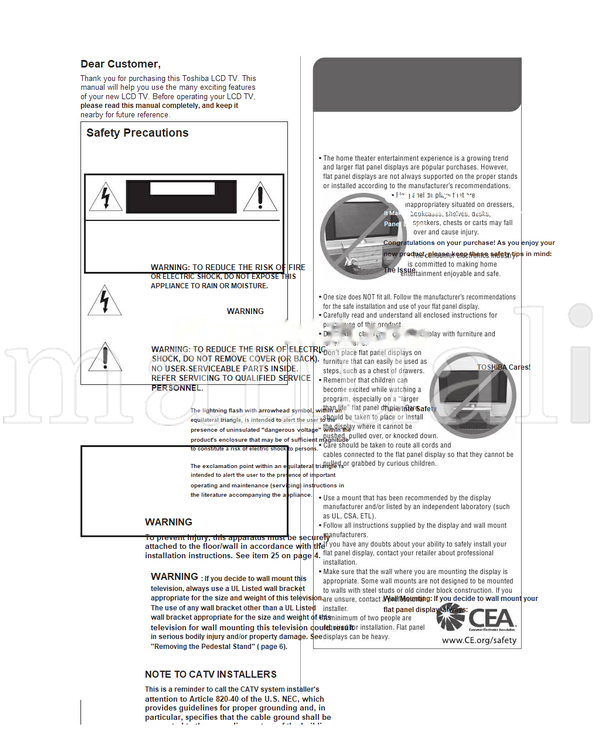 Toshiba 32E200U 32E20U 37E200U 37E20U 40E200U 40E20U HDA51C3701I (68 pages) TV Operating Manual