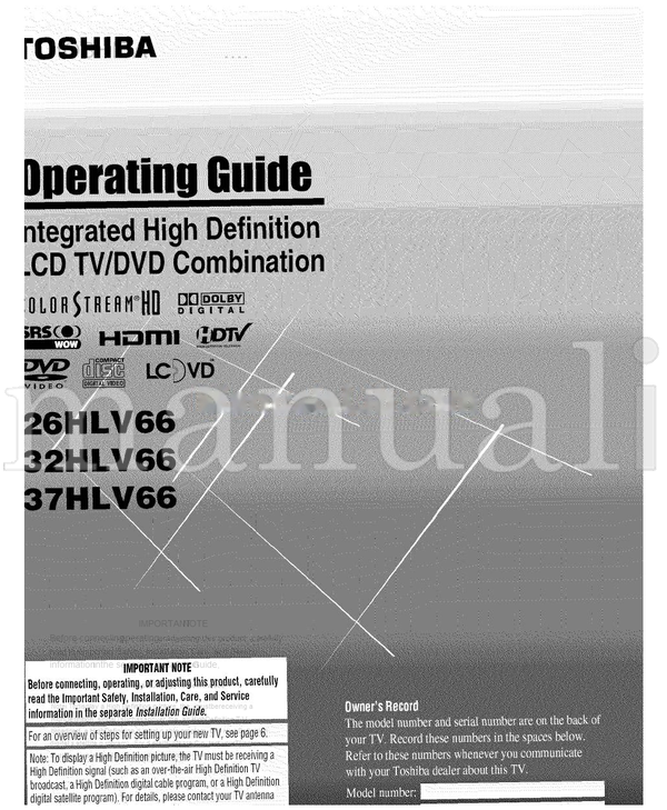 Toshiba 32HLV66 (70 pages) TV Operating Manual