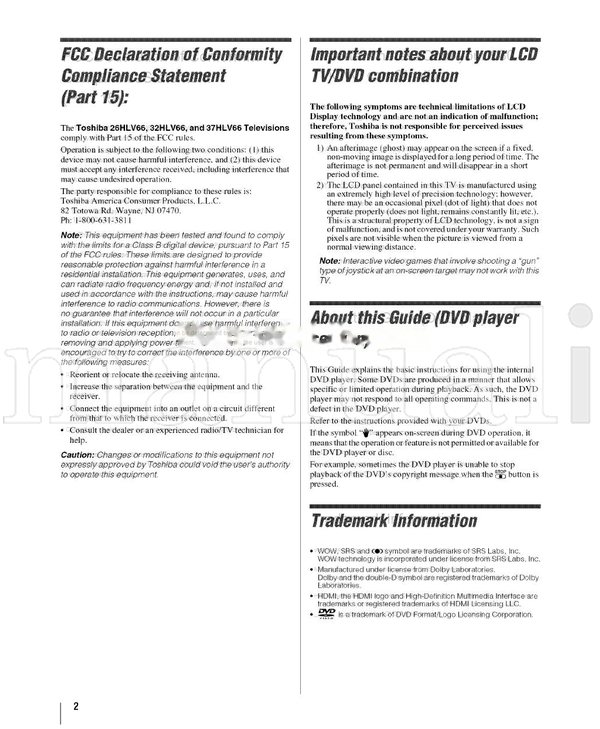 Toshiba 32HLV66 (70 pages) TV Operating Manual