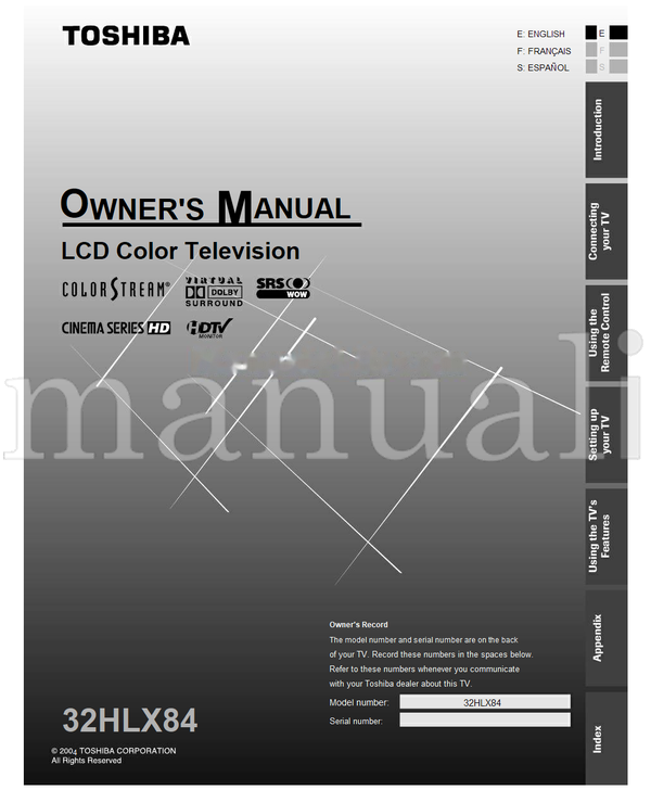 Toshiba 32HLX84 (68 pages) TV Operating Manual