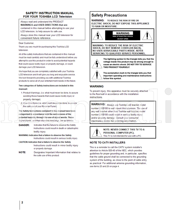 Toshiba 32HLX84 (68 pages) TV Operating Manual