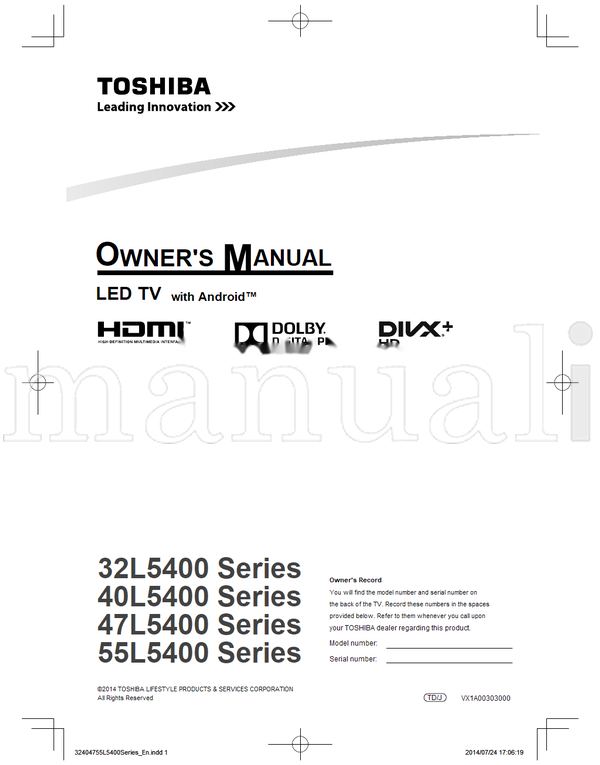 Toshiba 32L5400 40L5400 47L5400 55L5400 VX1A00303000 170619 (64 pages) TV Operating Manual