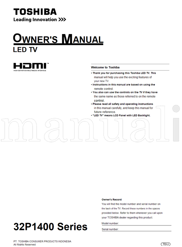 Toshiba 32P1400 (24 pages) TV Operating Manual