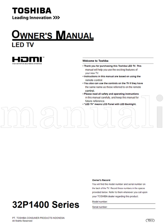 Toshiba 32P1400 (24 pages) TV Operating Manual