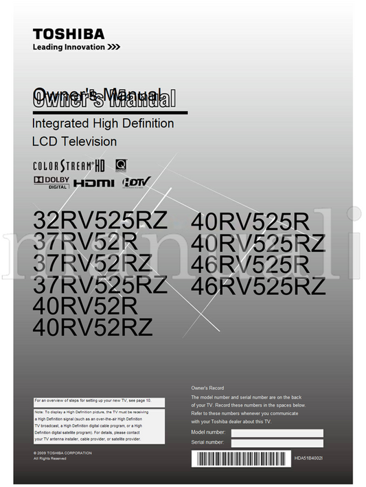 Toshiba 32RV525RZ 37RV52R 37RV52RZ 37RV525RZ 40RV52R 40RV52RZ (64 pages) TV Operating Manual