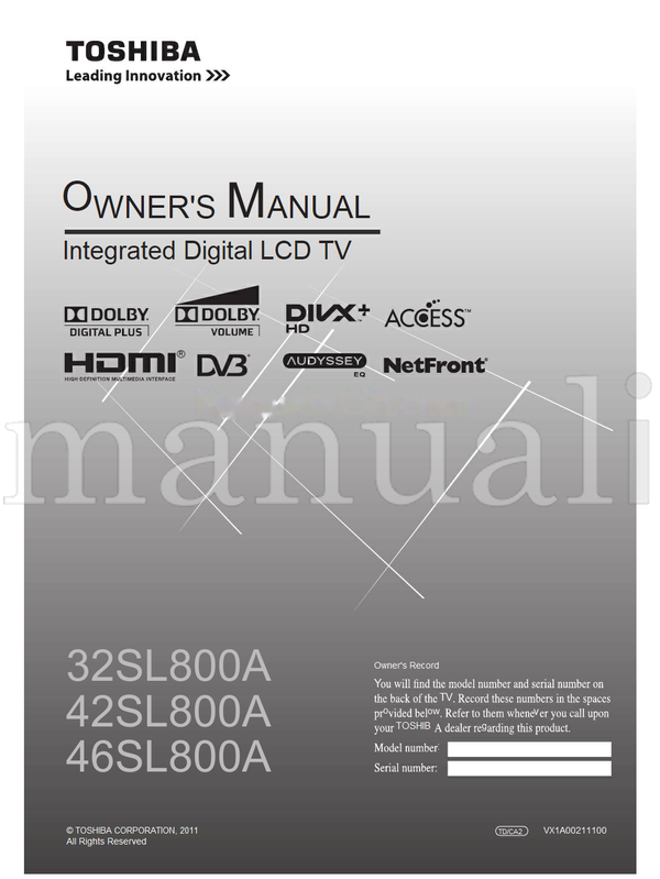 Toshiba 32SL800A 42SL800A 46SL800A VX1A00211100 (76 pages) TV Operating Manual