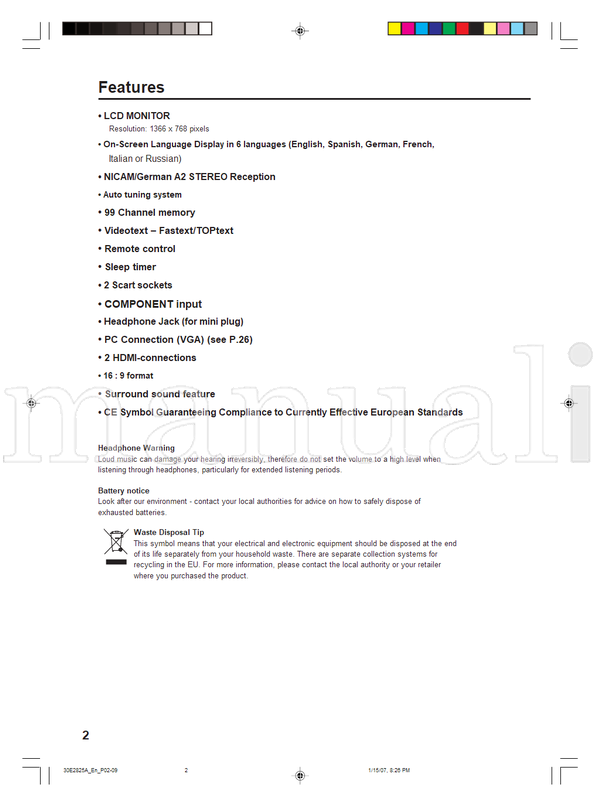 Toshiba 32W300P 30E2825AEnCOVER (36 pages) TV Operating Manual