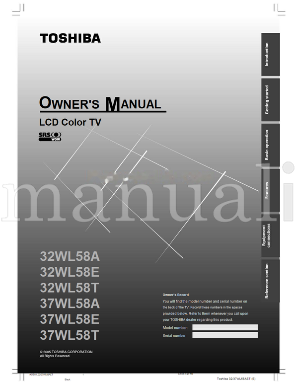 Toshiba 32WL58A 32WL58E 32WL58T 37WL58A 37WL58E 37WL58T 01E0132 (56 pages) TV Operating Manual