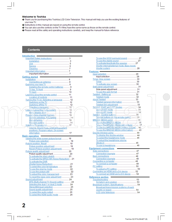 Toshiba 32WL58A 32WL58E 32WL58T 37WL58A 37WL58E 37WL58T 01E0132 (56 pages) TV Operating Manual