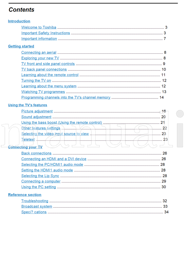 Toshiba 32AV600E 32AV600T 32AV600Y 32AV601E 32AV601T 37AV600E (36 pages) TV Operating Manual