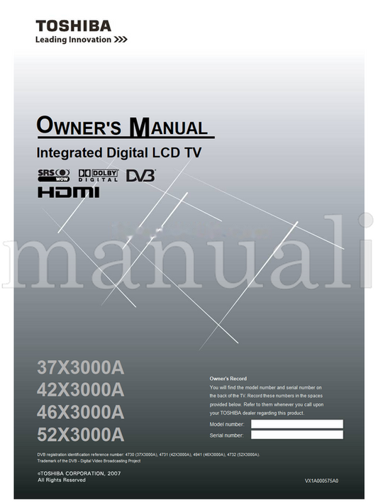Toshiba 37X3000A 42X3000A 46X3000A 52X3000A VX1A000575A0 (44 pages) TV Operating Manual