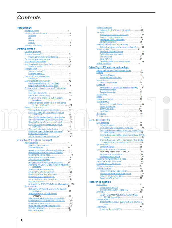 Toshiba 37X3000A 42X3000A 46X3000A 52X3000A VX1A000575A0 (44 pages) TV Operating Manual
