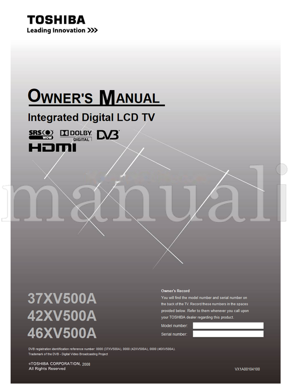 Toshiba 37XV500A 42XV500A 46XV500A VX1A00104100 (44 pages) TV Operating Manual