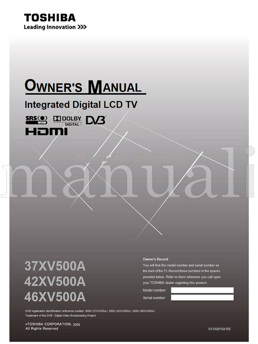 Toshiba 37XV500A 42XV500A 46XV500A VX1A00104100 (44 pages) TV Operating Manual