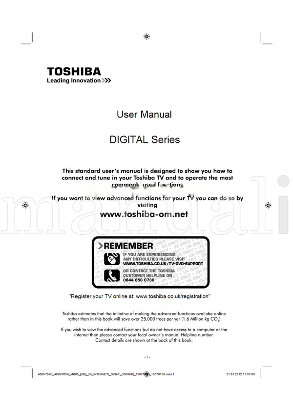 Toshiba 40BV705B (50 pages) TV Operating Manual