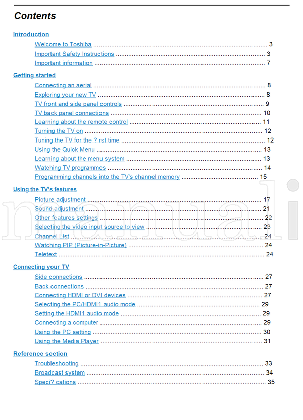 Toshiba 40CV600E 40CV600T 40CV600Y 42CV600E 42CV600T VX1A001481A0 (36 pages) TV Operating Manual