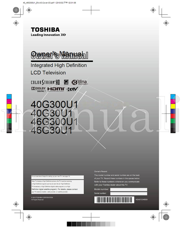 Toshiba 020106 40G300U1 40G30U1 46G300U1 46G30U1 HDA51D4600I (72 pages) TV Operating Manual
