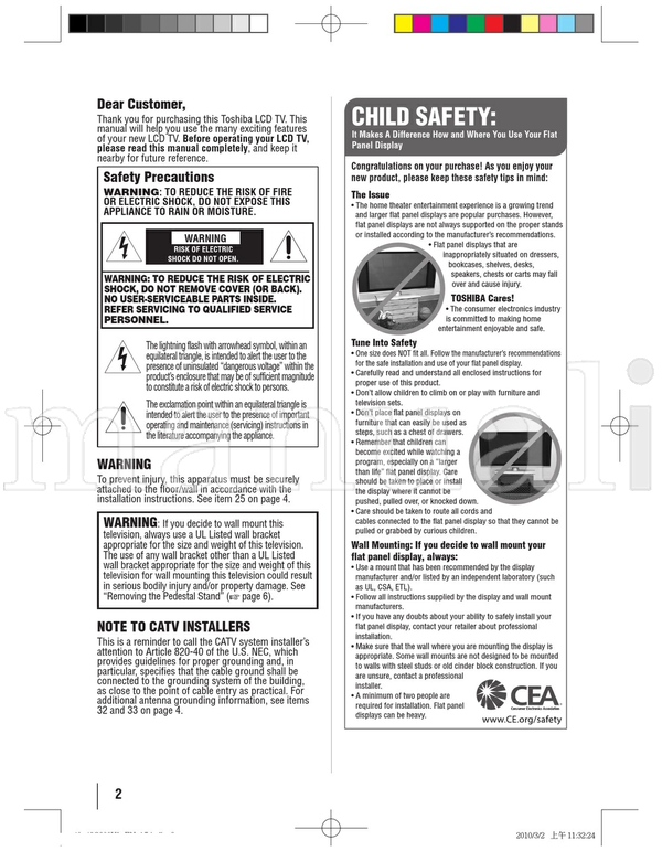 Toshiba 020106 40G300U1 40G30U1 46G300U1 46G30U1 HDA51D4600I (72 pages) TV Operating Manual