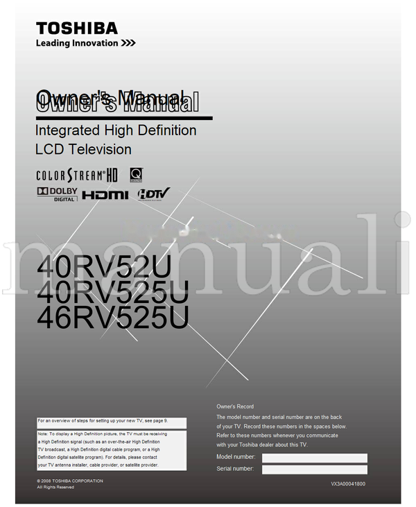 Toshiba 40RV52U 40RV525U 46RV525U VX3A00041800 (64 pages) TV Operating Manual